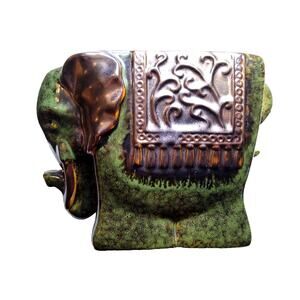 Elephant Candle Votive Holder Pottery 6" Green Asian Animal Asia Figural Holds 2